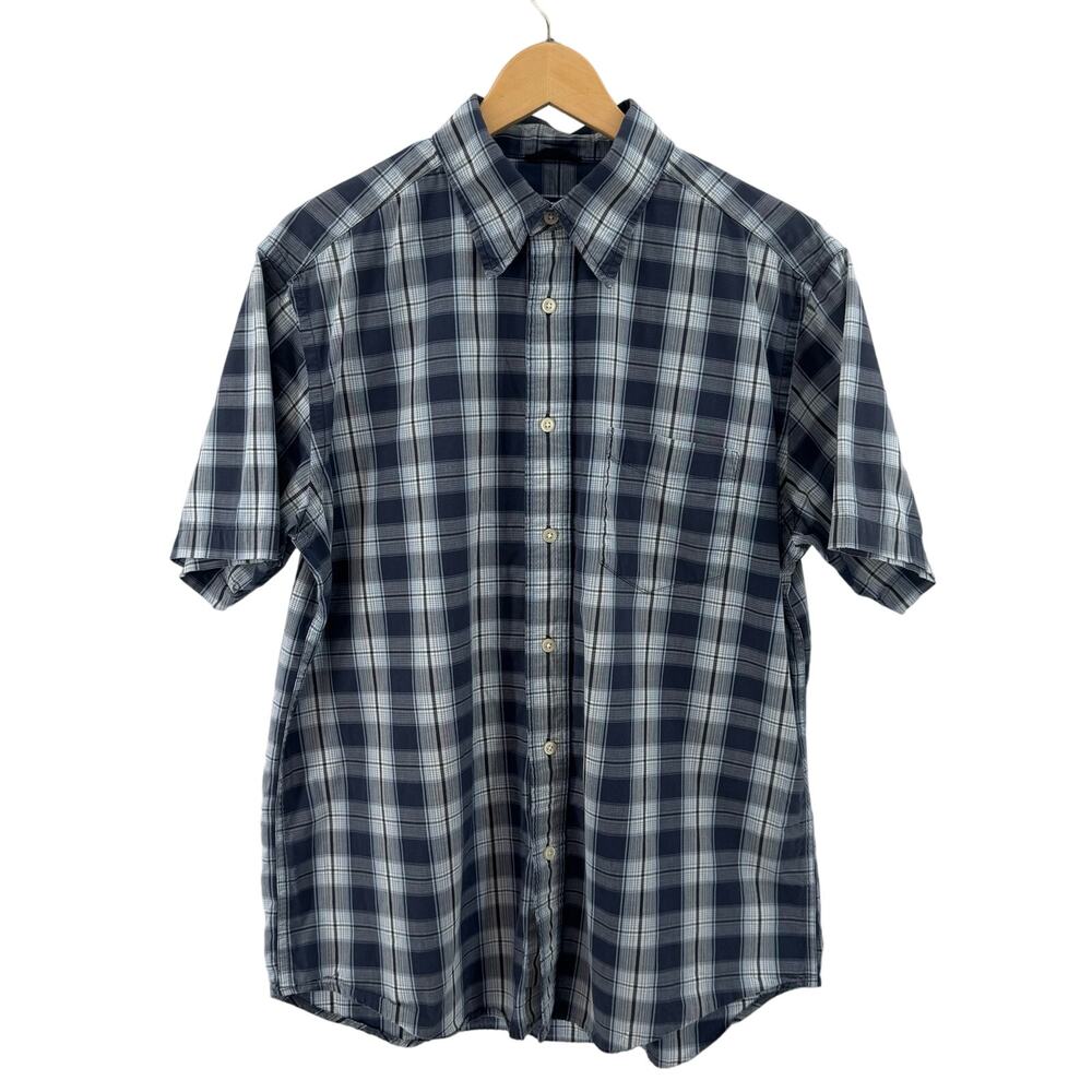 Gap Blue White Plaid Check Button Up Short Sleeve Shirt Mens Medium Regular Fit
